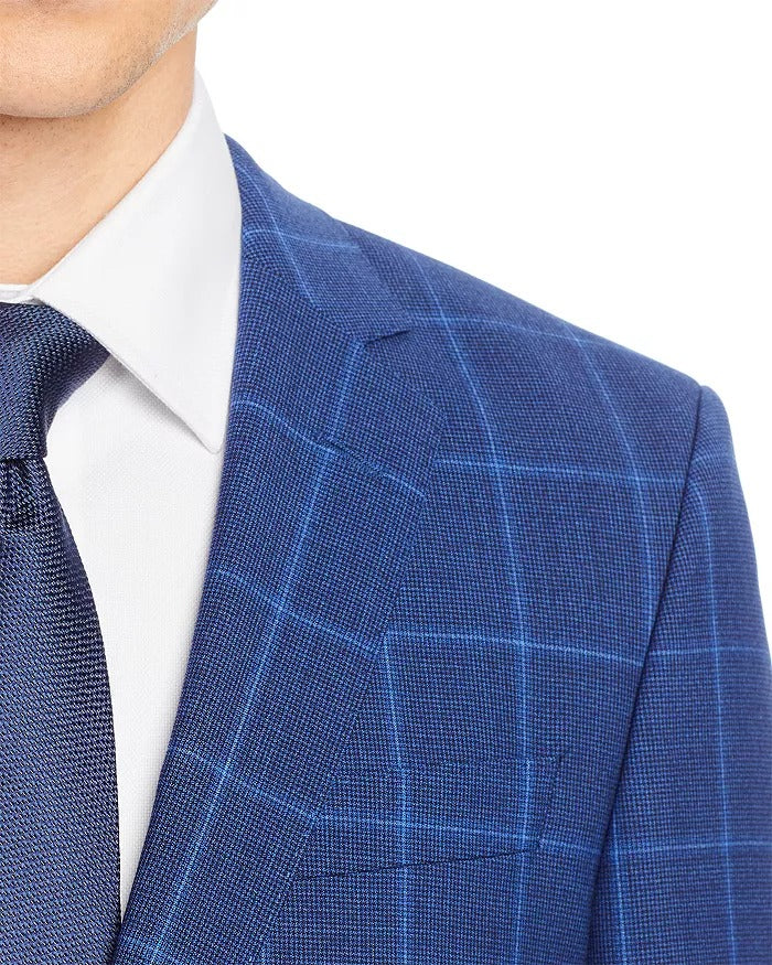HUGO BOSS Huge 2-Pc. Slim Fit Windowpane Suit 38S / 32W Blue Plaid Flat Pant