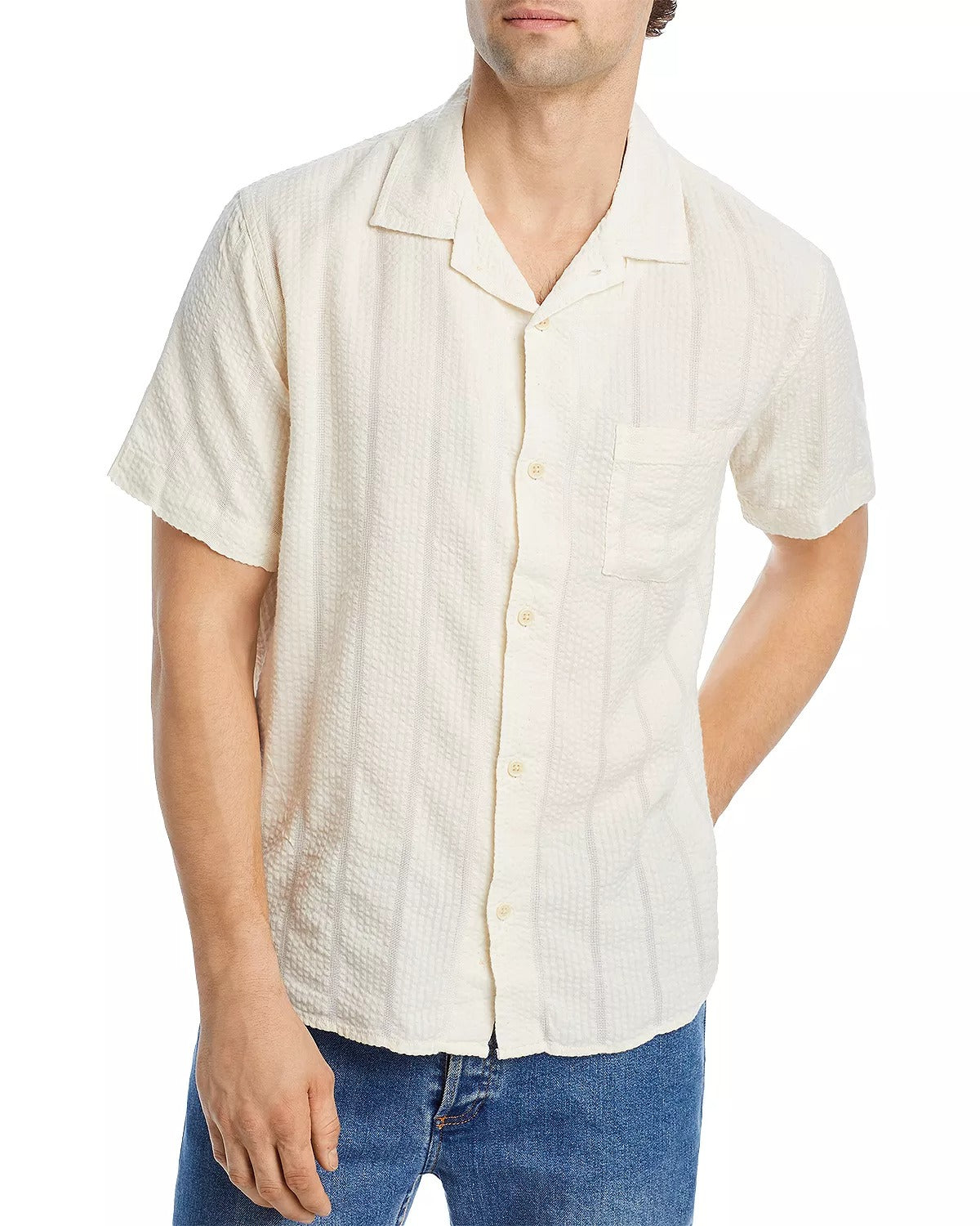 Corridor Mens Seersucker Short Sleeve Camp Button Shirt Large White