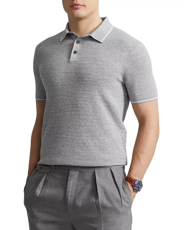 Polo Ralph Lauren Mens Tipped Sweater Knit Polo Shirt Grey White Large