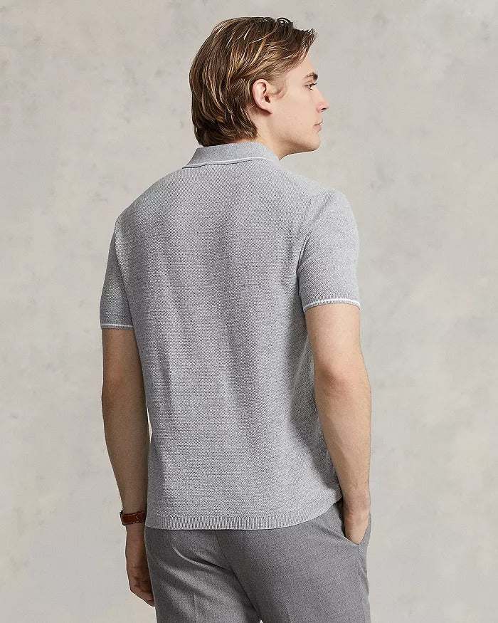 Polo Ralph Lauren Mens Tipped Sweater Knit Polo Shirt Grey White Large