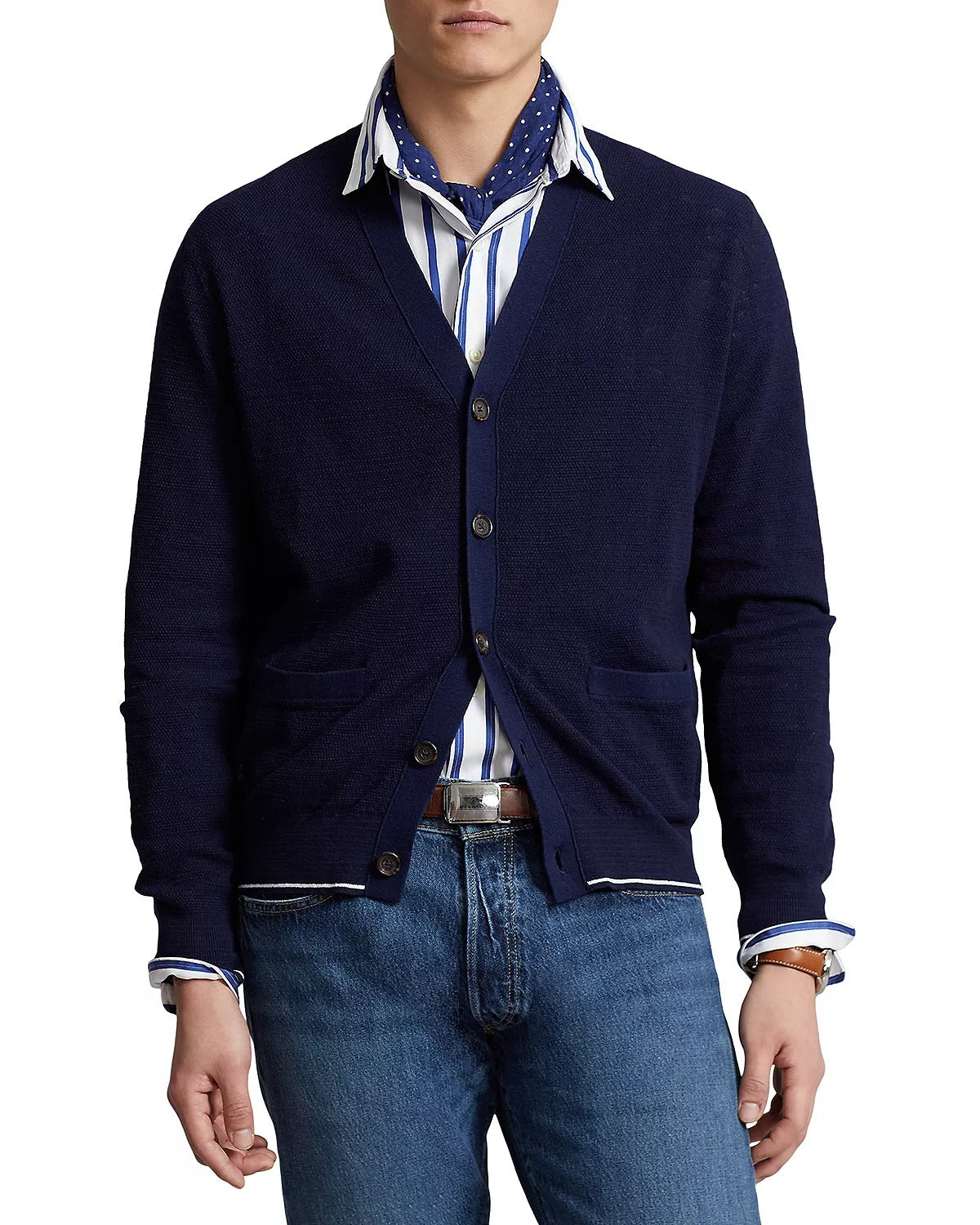 Polo Ralph Lauren Mens Textured Cotton Linen V Neck Cardigan Sweater Blue XL