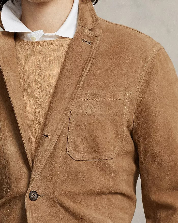Polo Ralph Lauren Mens Suede Leather Jacket XL Khaki Brown