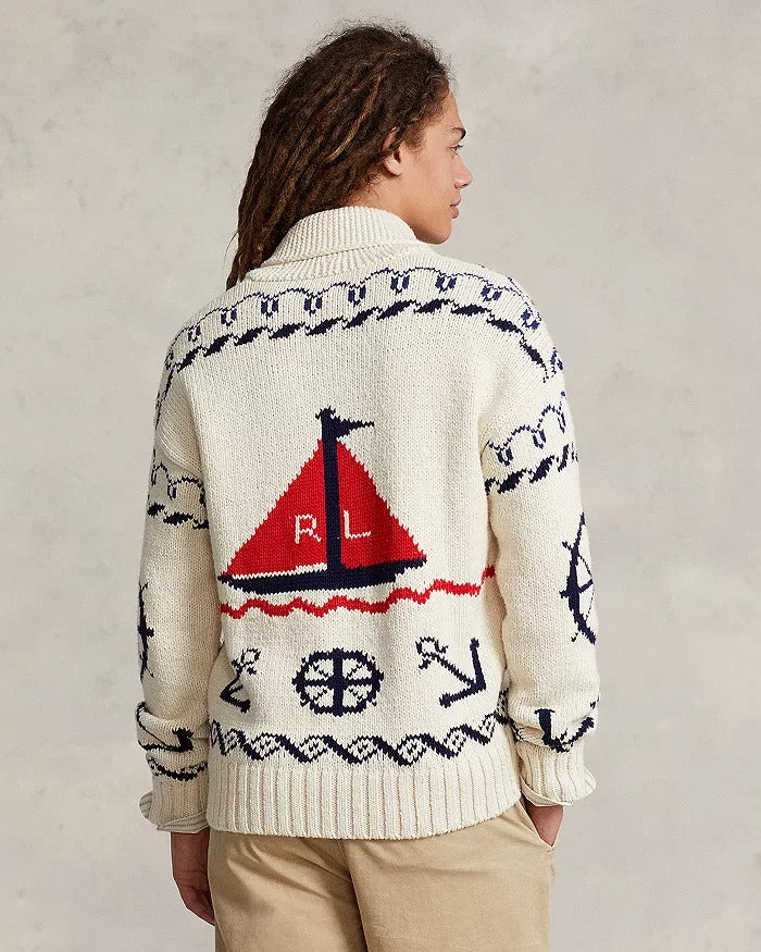 Polo Ralph Lauren Mens Chunky Knit Nautical Shawl Collar Cardigan Sweater Large