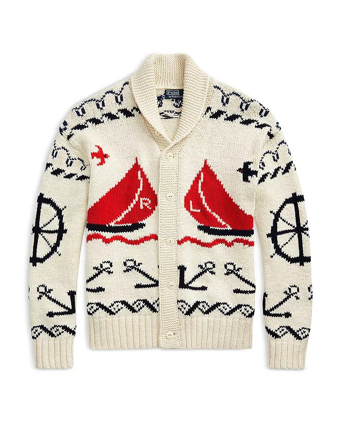 Polo Ralph Lauren Mens Chunky Knit Nautical Shawl Collar Cardigan Sweater Large