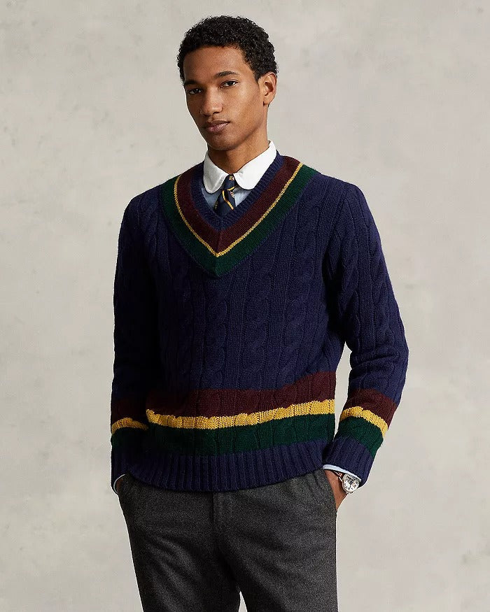 Polo Ralph Lauren Cable Knit Cricket Sweater XL Navy Blue / Red