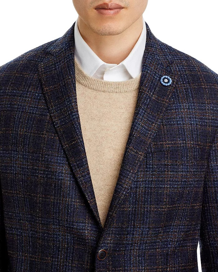 Hart Schaffner Marx New York Boucle Plaid Regular Fit Sport Coat 48R Brown Blue
