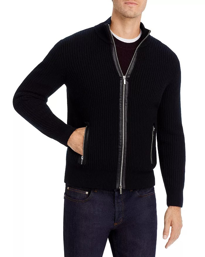 The Men's Store Double Zip Front Cardigan Merino Wool Sweater Large Black