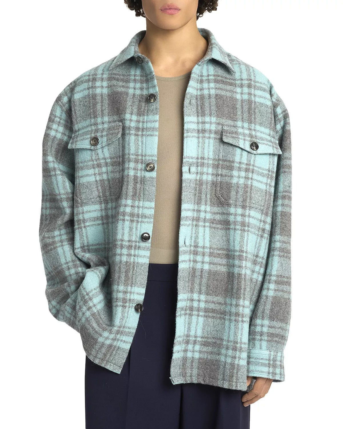 Ami Mens Pure Wool Maxi Overshirt Jacket XL Aqua Blue / Grey Plaid Portugal