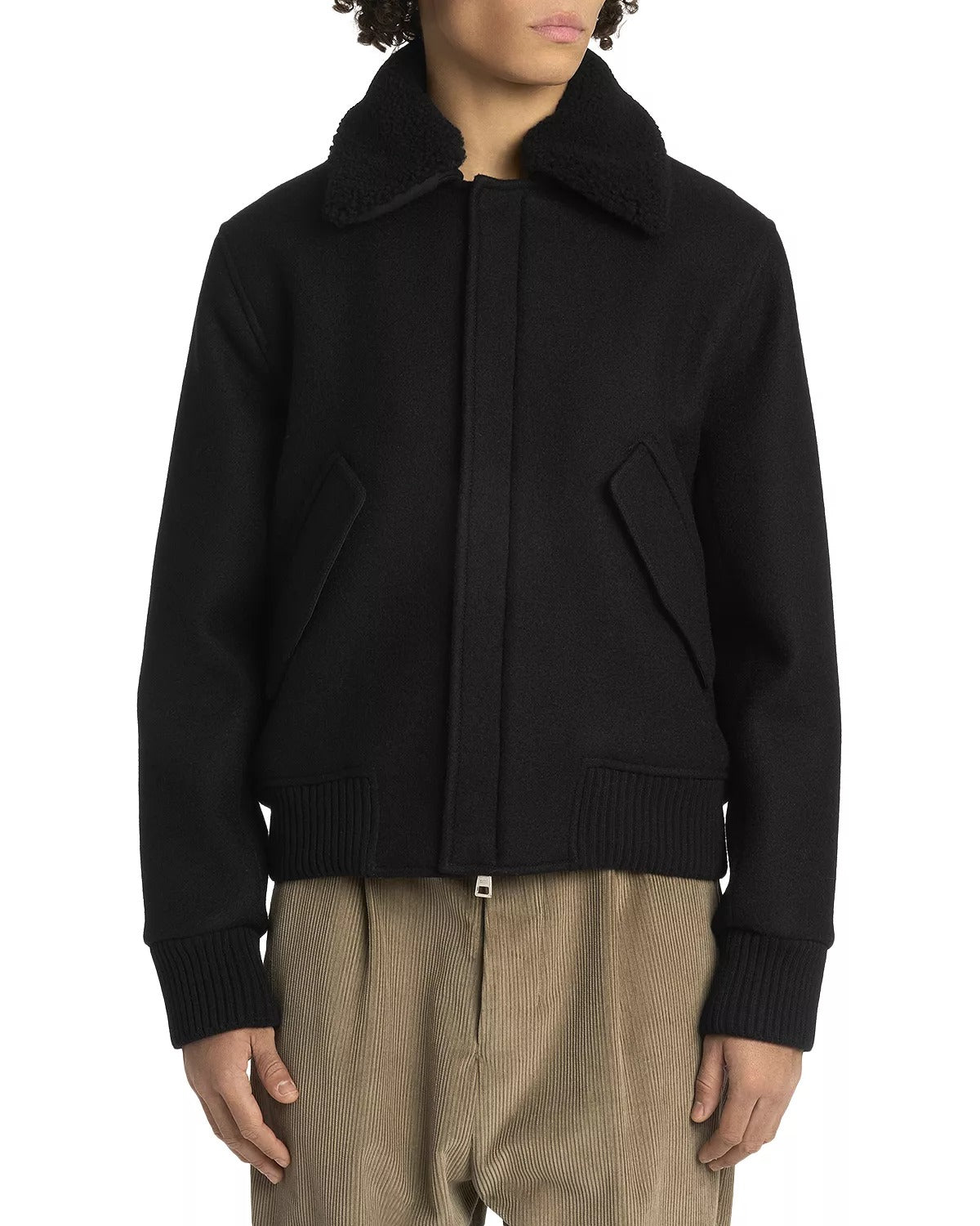 AMI Mens Heavy Shearling Trimmed Wool Bomber Jacket Coat Large Black