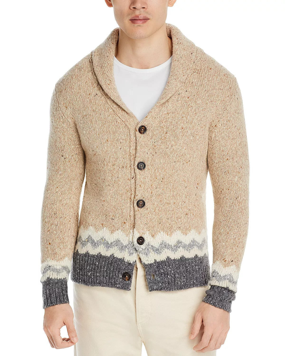 Eleventy Wool & Cashmere Blend Fairisle Trim Shawl Cardigan Sweater Medium Tan