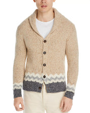 Eleventy Mens Wool & Cashmere Blend Fairisle Trim Shawl Cardigan Sweater XL Tan