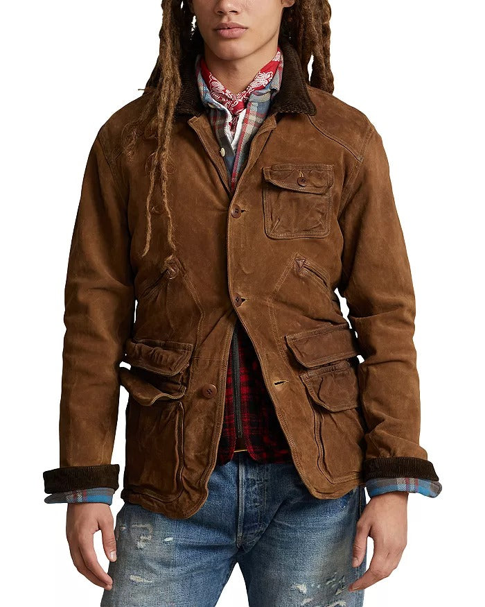 Polo Ralph Lauren Mens Suede Leather Utility Jacket XL Camel Brown