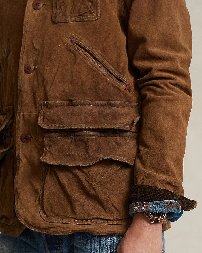 Polo Ralph Lauren Mens Suede Leather Utility Jacket XL Camel Brown