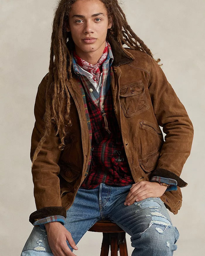 Polo Ralph Lauren Mens Suede Leather Utility Jacket XL Camel Brown