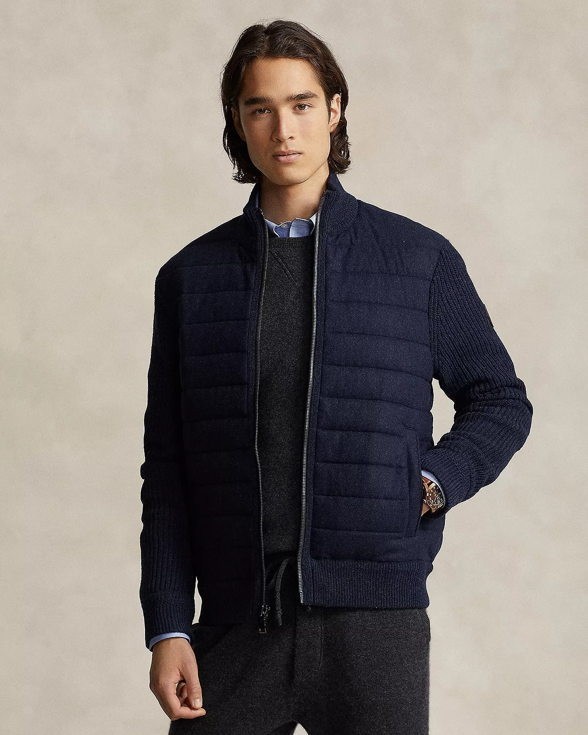 Polo Ralph Lauren Mens Wool & Cashmere Mixed Media Zip Jacket XXL Navy Blue