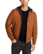 HUGO BOSS Mens Camel Malfo Leather Zip Hooded Jacket Size 44 Brown