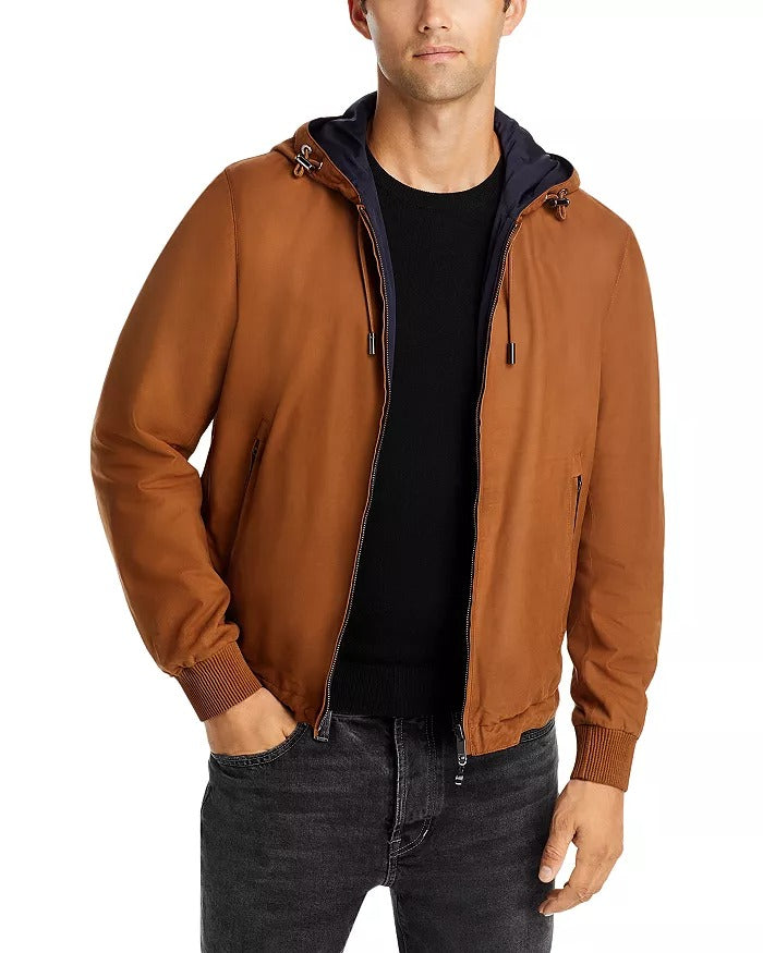 HUGO BOSS Mens Camel Malfo Leather Zip Hooded Jacket Size 44 Brown