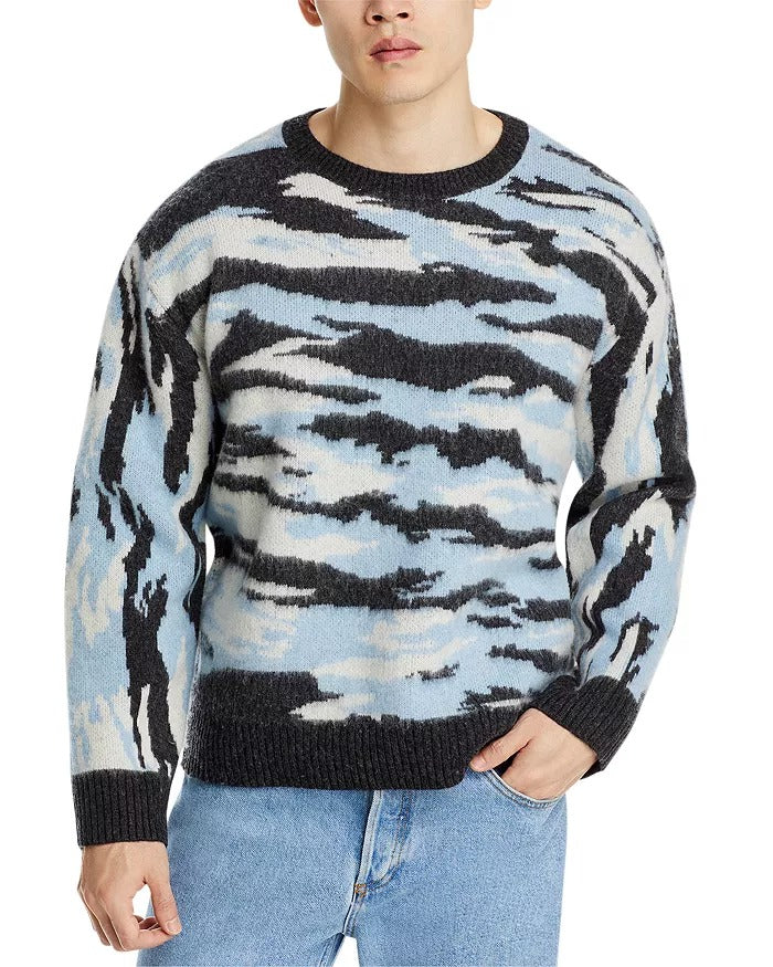 A.P.C. Mens Lionel Wool Sweater Large Blue Animal Print