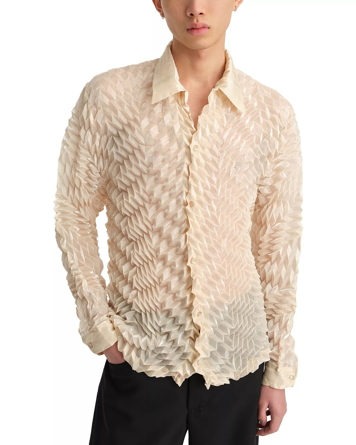 Sefr Mens Emile Origami Regular Fit Button Down Shirt Large Beige