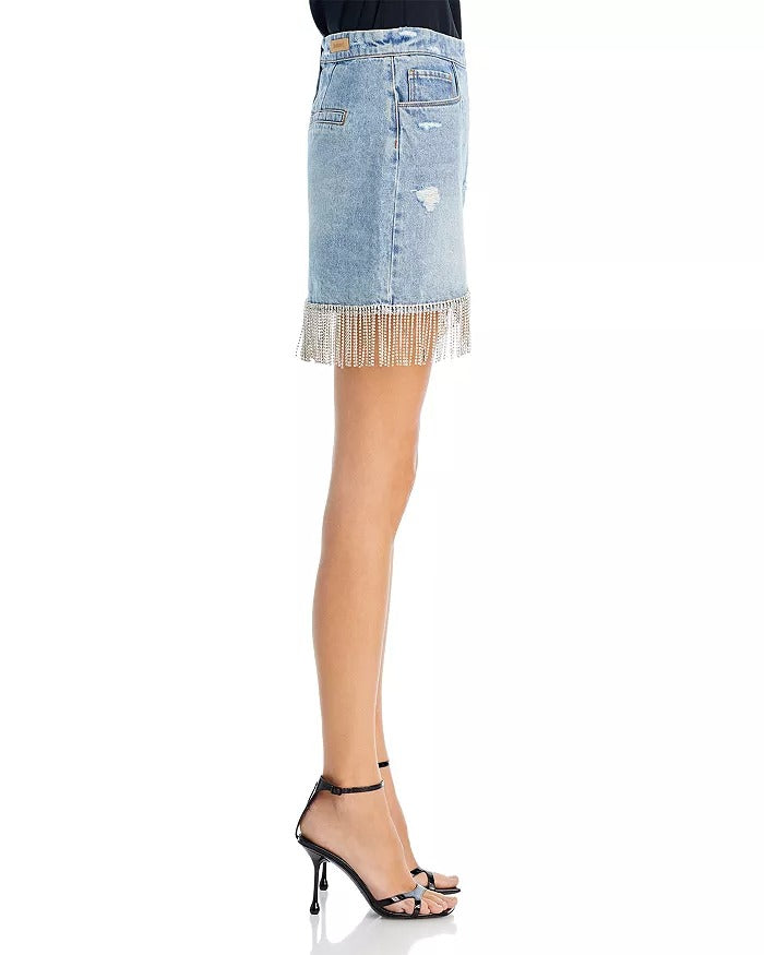 BLANKNYC Womens Rhinestone Fringe Denim Mini Skirt Size 25 Blue