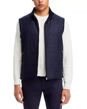 Corneliani Mens Navy Tonal Check Zip Front Wool Vest EU 56R US 46R Navy Blue