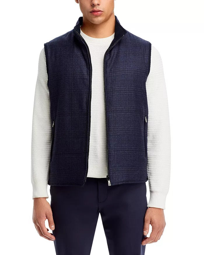 Corneliani Mens Navy Tonal Check Zip Front Wool Vest EU 56R US 46R Navy Blue