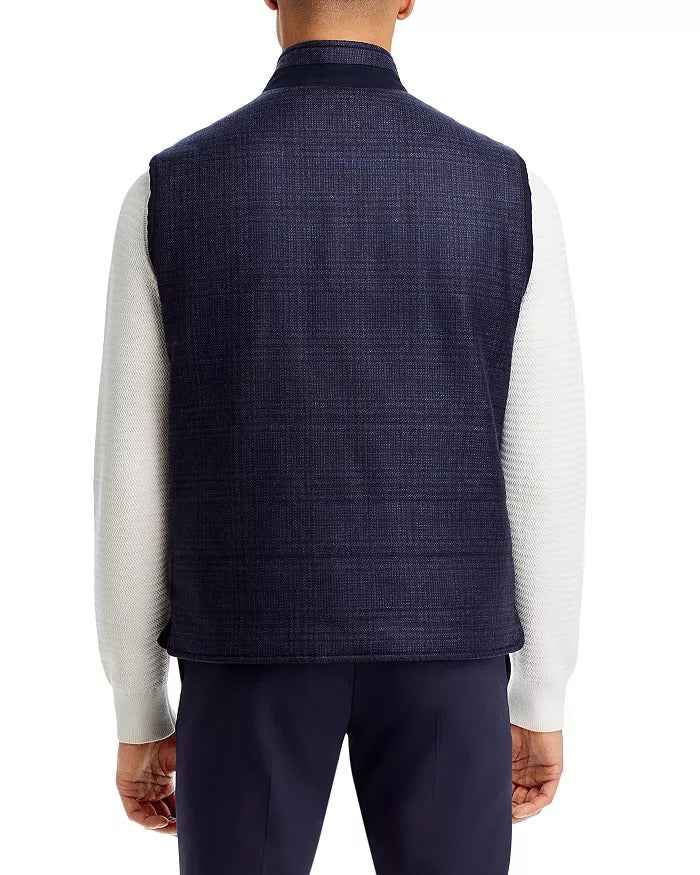 Corneliani Mens Navy Tonal Check Zip Front Wool Vest EU 56R US 46R Navy Blue