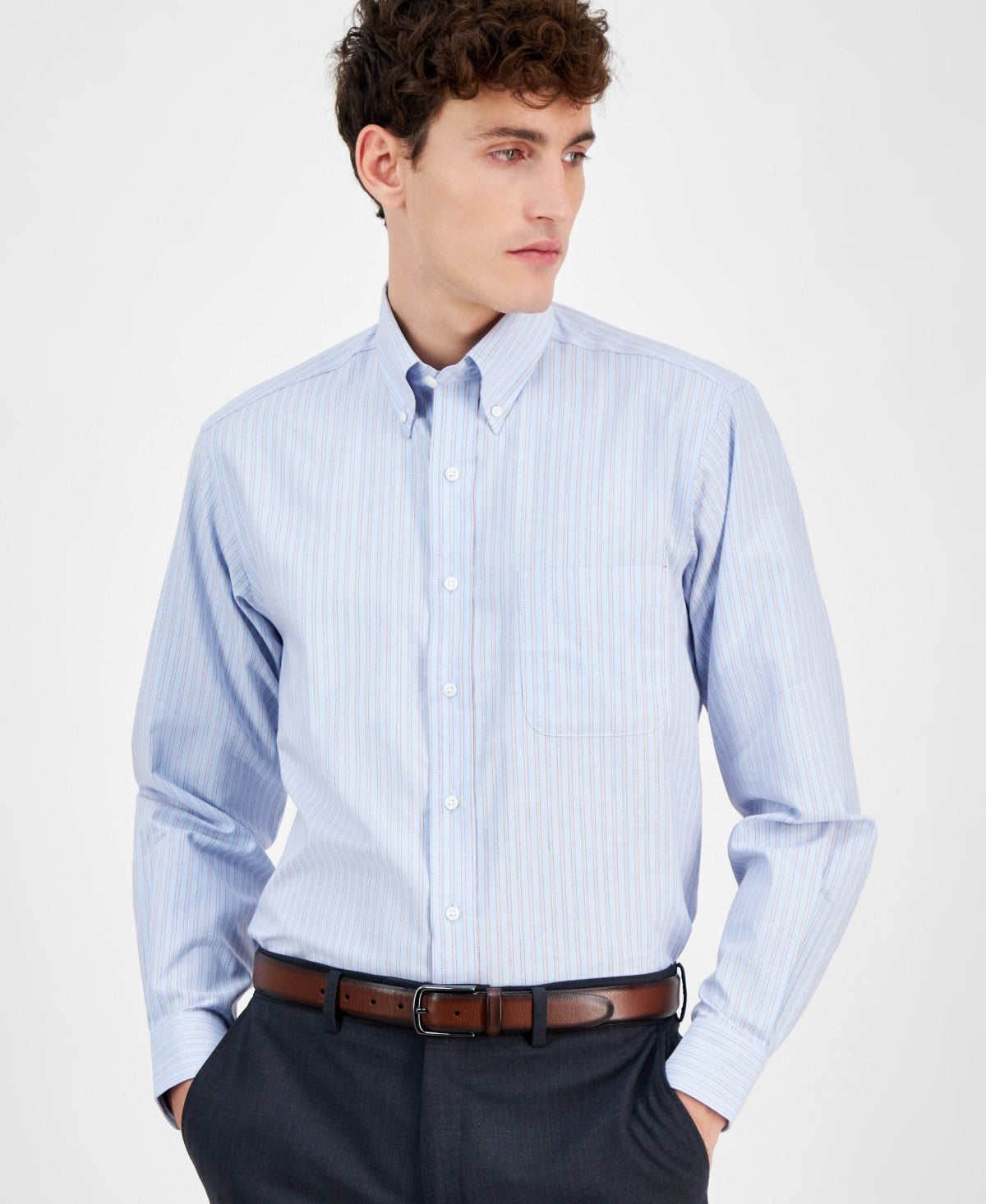 Club Room Men Regular fit Long Sleeve Button-Up Shirt 18 34-35 Blue Striped