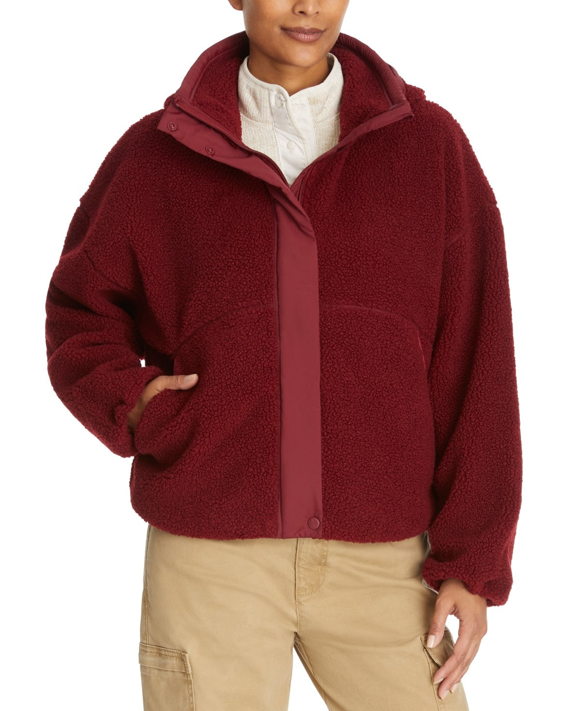Bass Outdoor Women's Faux-Shearling Full Zip Campfire Jacket Coat Red XS