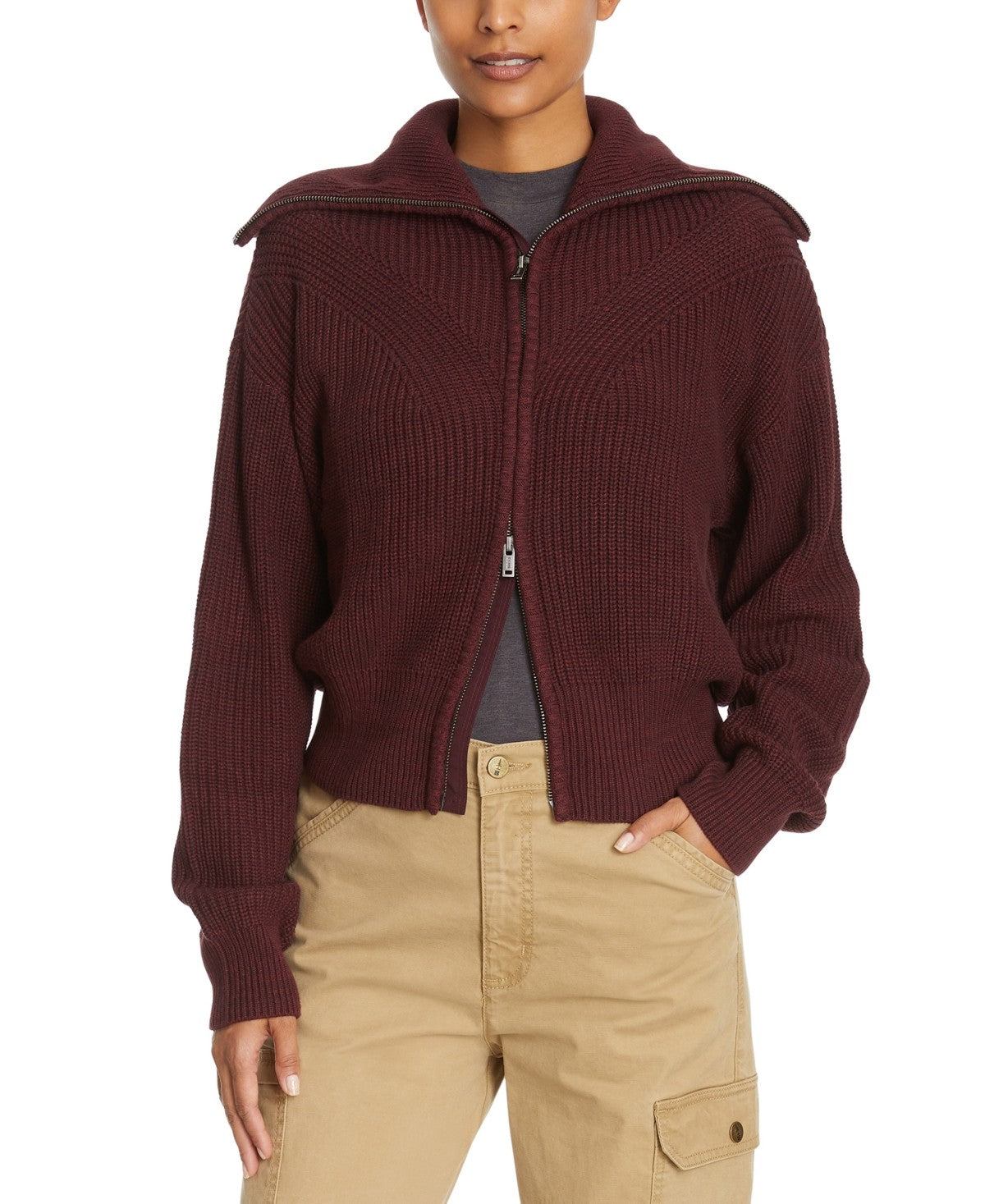 BASS OUTDOOR Womens Regular Fit Funnel Neck Full Zip Sweater Burgundy Red XS