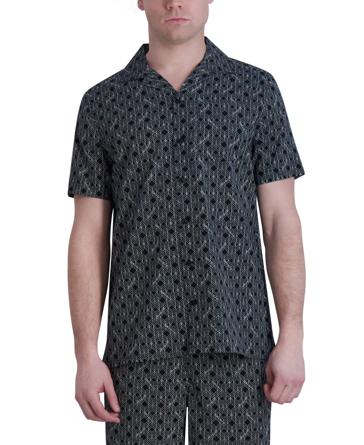 Karl Lagerfeld Paris Mens Short Sleeve Button-Up Shirt Medium Black Geometric