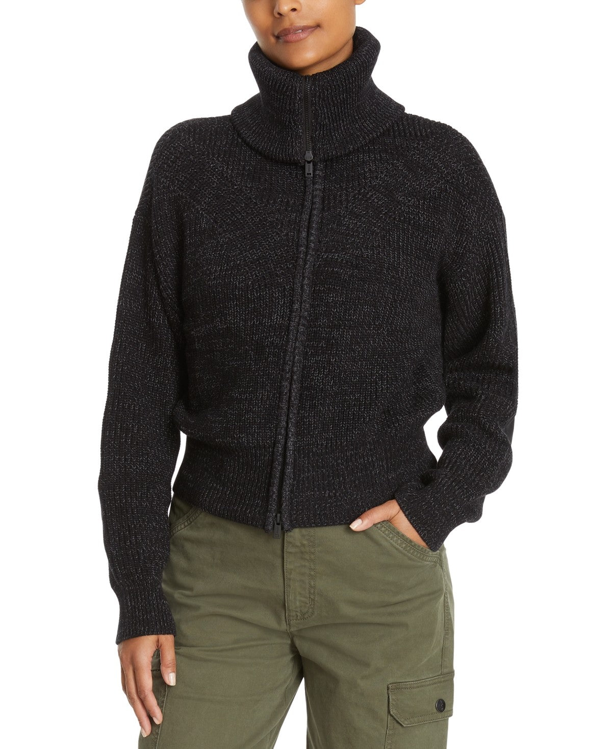 BASS OUTDOOR Womens Regular Fit Funnel Neck Full Zip Sweater Black Large