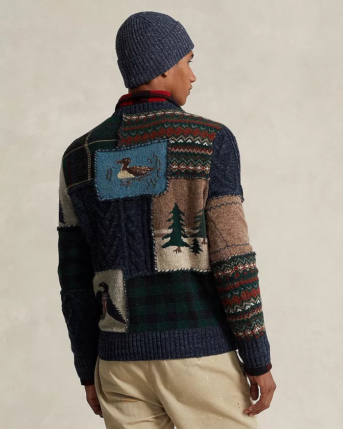 Polo Ralph Lauren Mens Regular Fit Patchwork Crewneck Sweater Large Wool