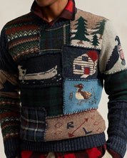 Polo Ralph Lauren Mens Regular Fit Patchwork Crewneck Sweater Large Wool