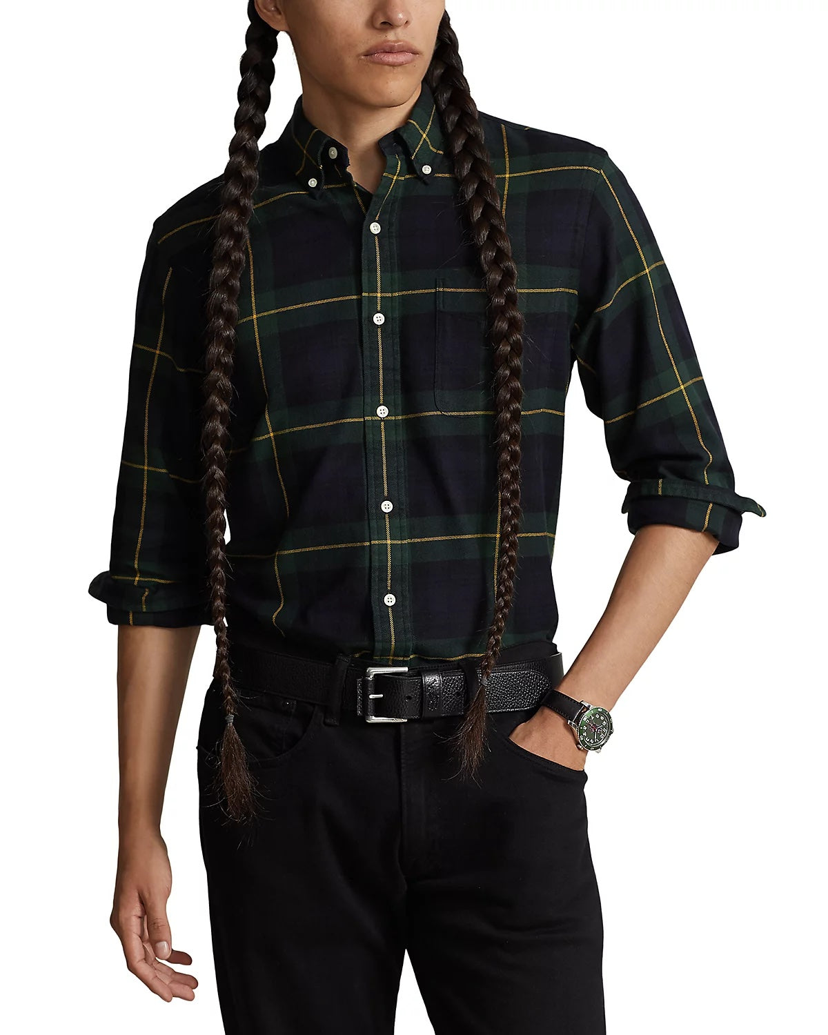 Polo Ralph Lauren Mens Flannel Plaid Custom Fit Button Down Shirt Green Small