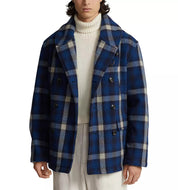 Polo Ralph Lauren Men Wool Blend Plaid Double Breasted Ranch Pea Coat XL Blue