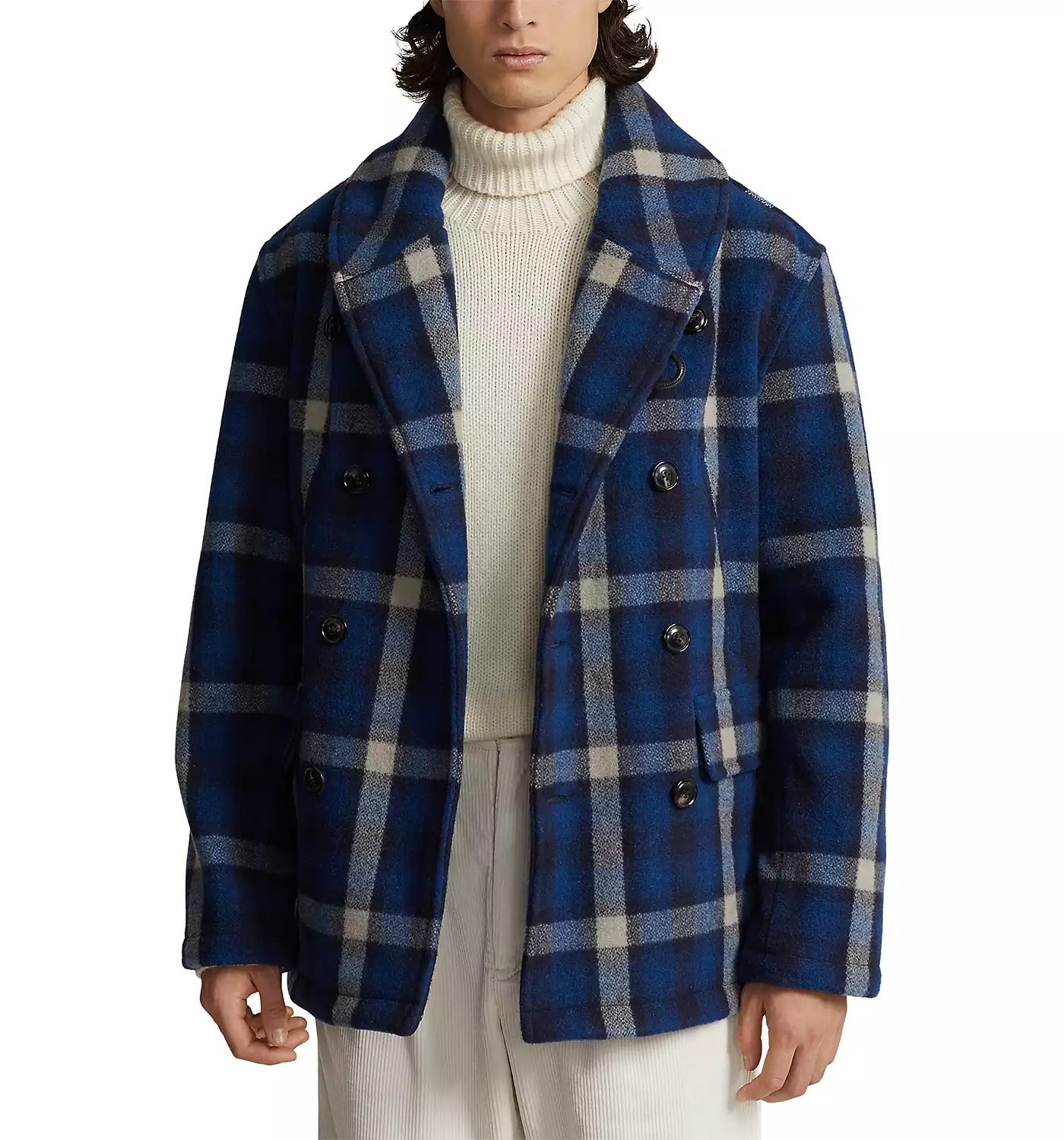 Polo Ralph Lauren Men Wool Blend Plaid Double Breasted Ranch Pea Coat Large Blue