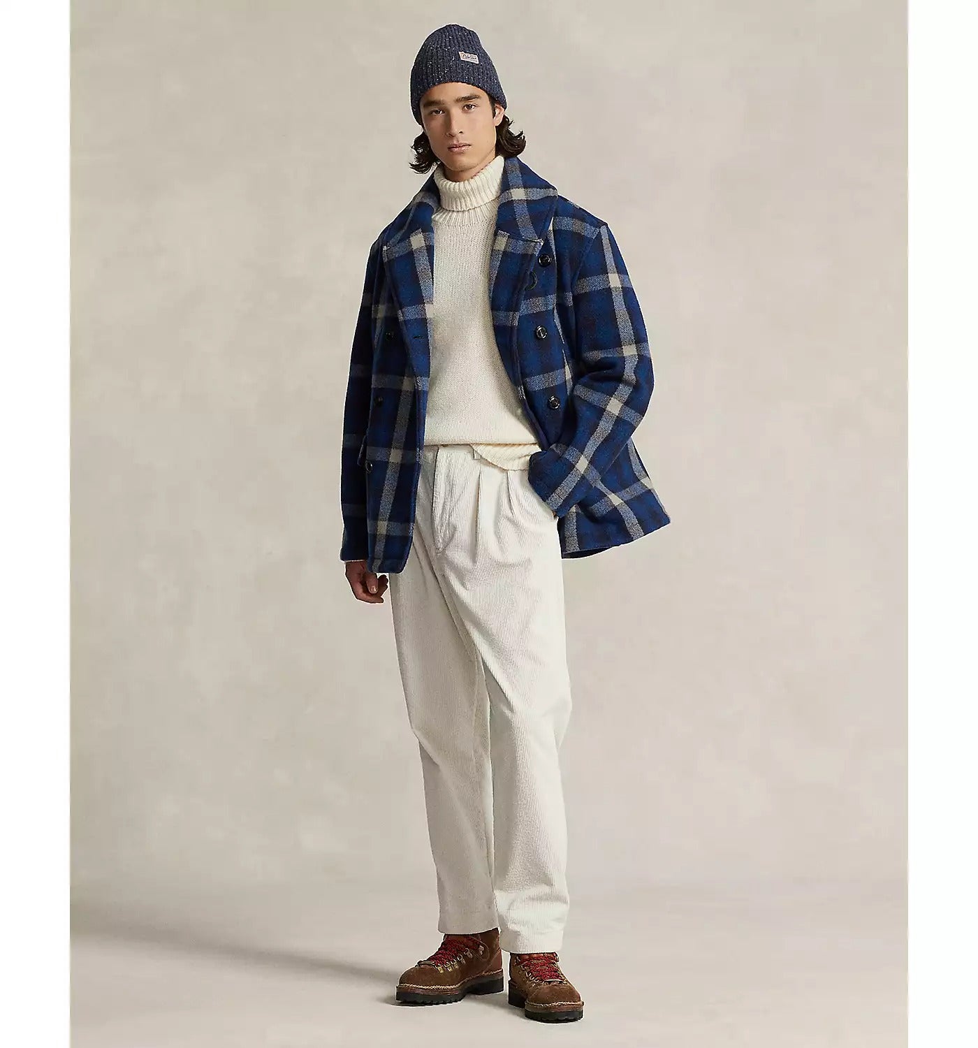 Polo Ralph Lauren Men Wool Blend Plaid Double Breasted Ranch Pea Coat XL Blue