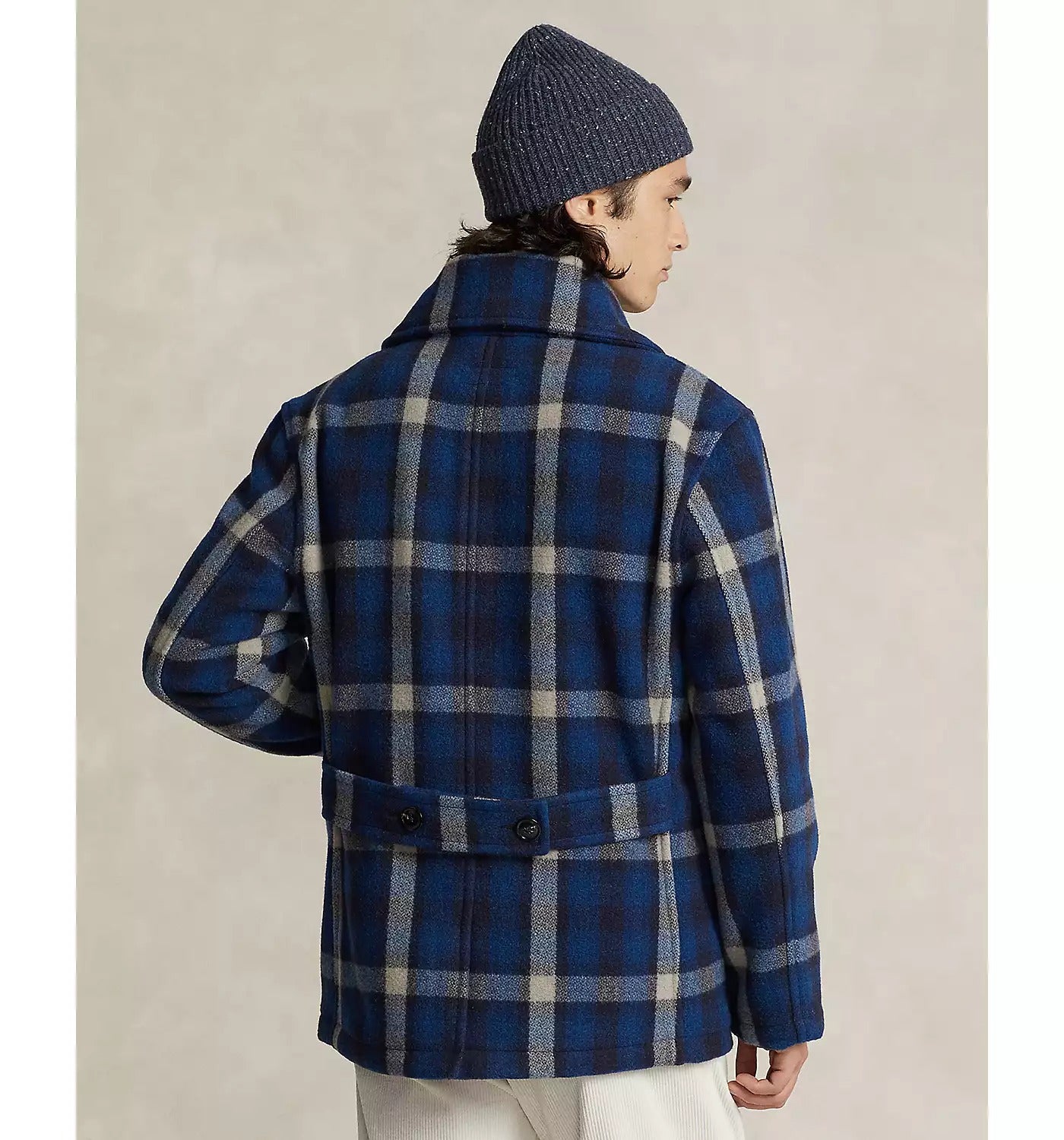 Polo Ralph Lauren Men Wool Blend Plaid Double Breasted Ranch Pea Coat Large Blue