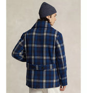 Polo Ralph Lauren Men Wool Blend Plaid Double Breasted Ranch Pea Coat Large Blue