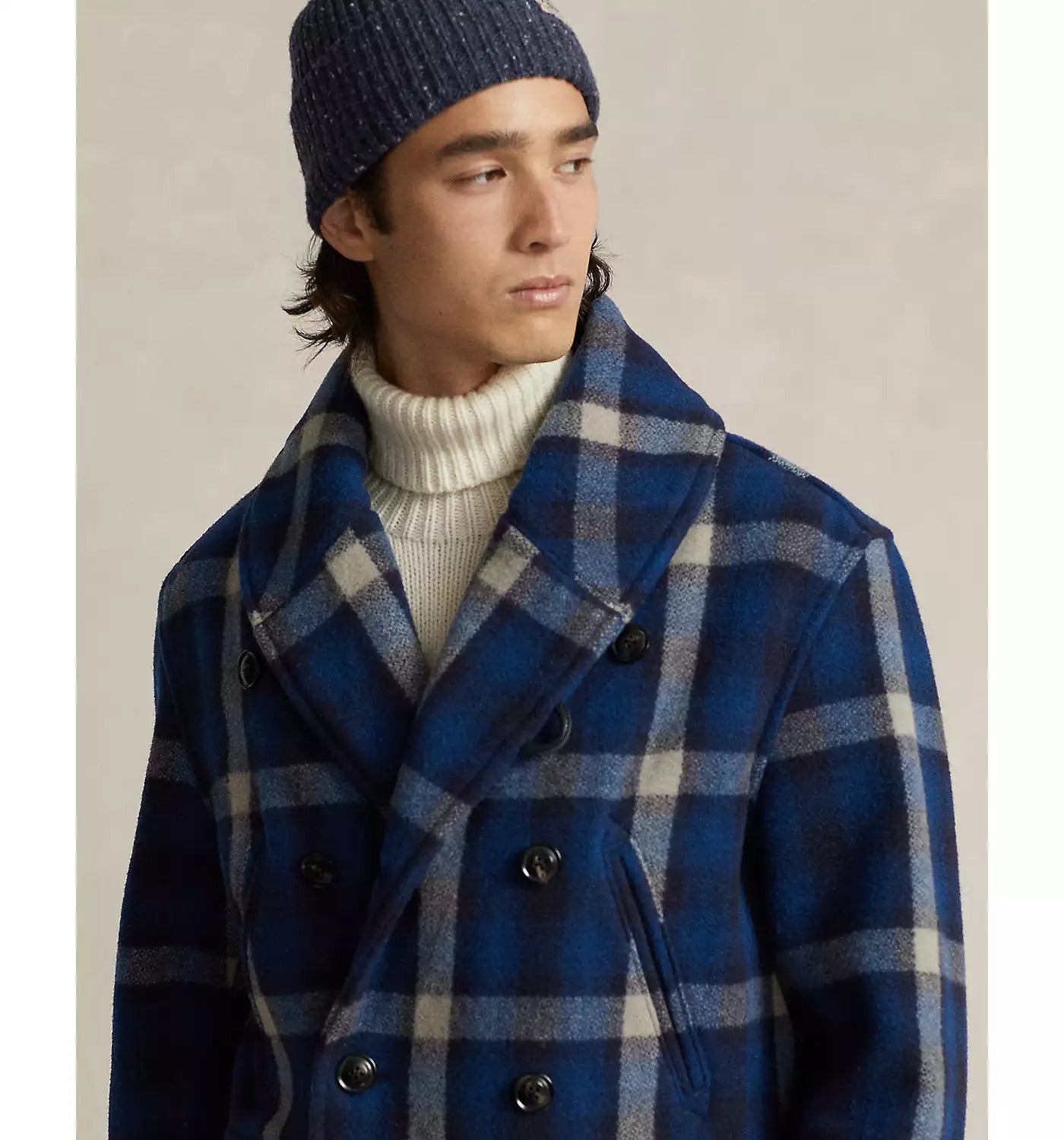 Polo Ralph Lauren Men Wool Blend Plaid Double Breasted Ranch Pea Coat Large Blue