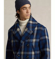Polo Ralph Lauren Men Wool Blend Plaid Double Breasted Ranch Pea Coat Large Blue