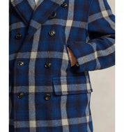 Polo Ralph Lauren Men Wool Blend Plaid Double Breasted Ranch Pea Coat XL Blue