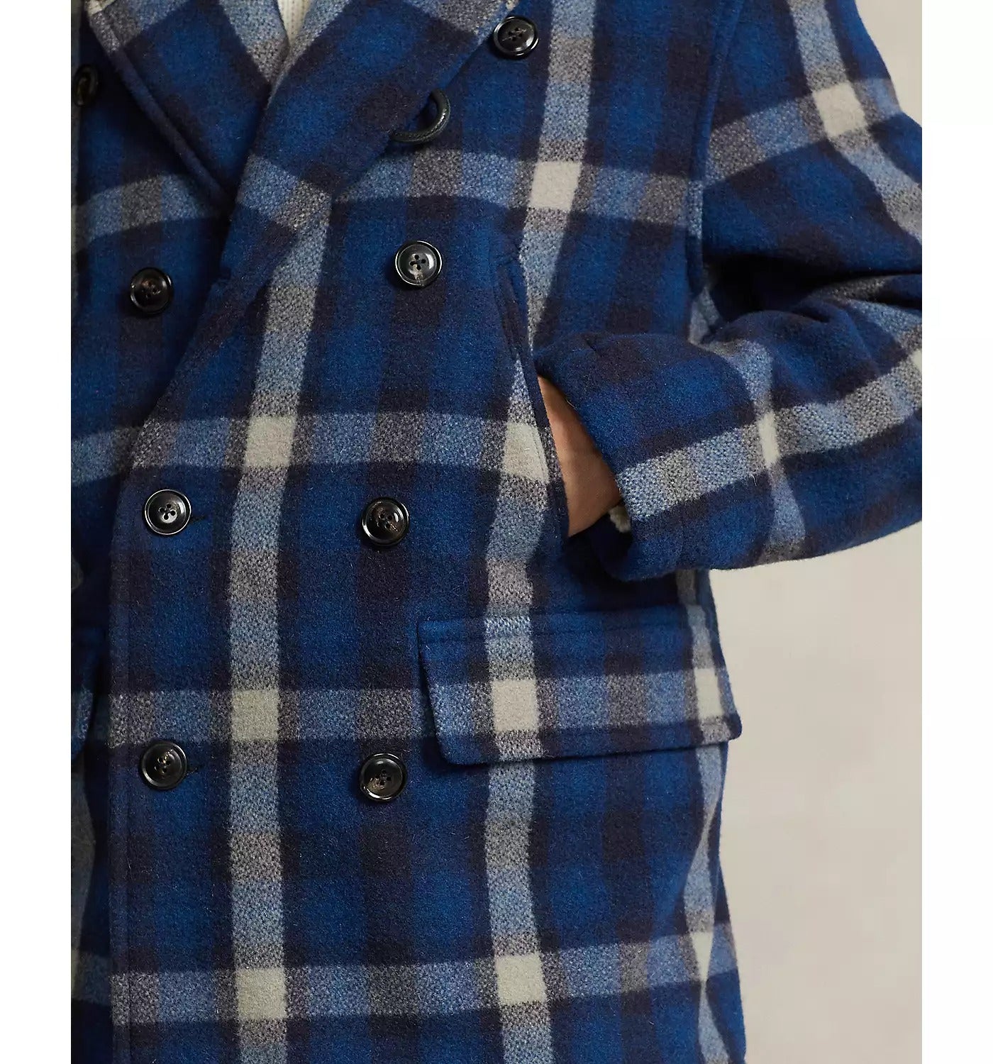 Polo Ralph Lauren Men Wool Blend Plaid Double Breasted Ranch Pea Coat Large Blue