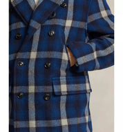 Polo Ralph Lauren Men Wool Blend Plaid Double Breasted Ranch Pea Coat Large Blue