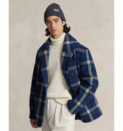 Polo Ralph Lauren Men Wool Blend Plaid Double Breasted Ranch Pea Coat Large Blue