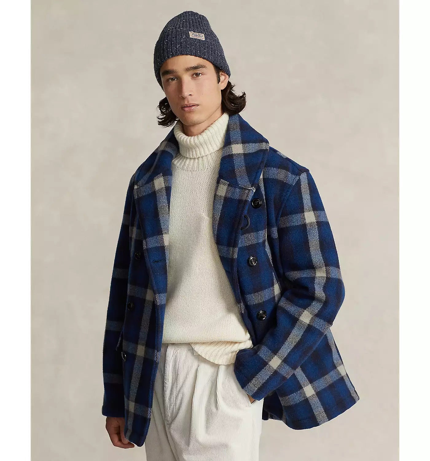 Polo Ralph Lauren Men Wool Blend Plaid Double Breasted Ranch Pea Coat Large Blue