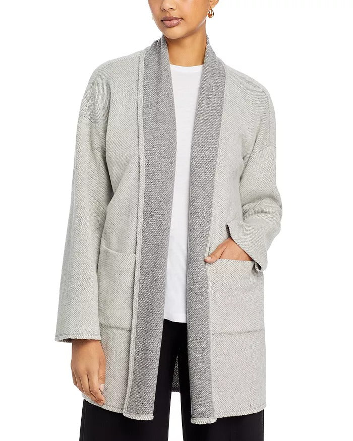 Eileen Fisher Reversible High Collar Long Cardigan Sweater Jacket Medium Grey