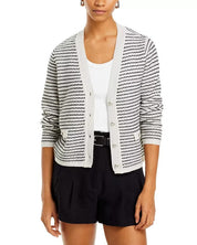 Private Label Womens Cashmere Striped Tweed Stitch V Neck Cardigan Sweater Large