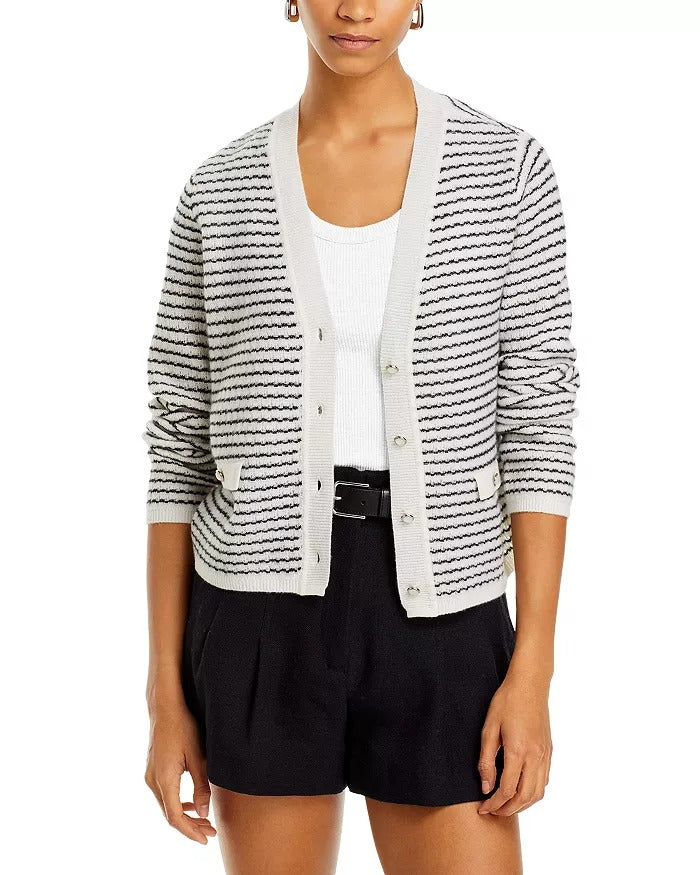 Private Label Womens Cashmere Striped Tweed Stitch V Neck Cardigan Sweater Large